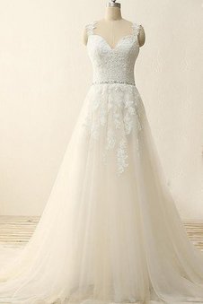 Robe de mariée de traîne courte textile en tulle avec perle jusqu'au sol ligne a