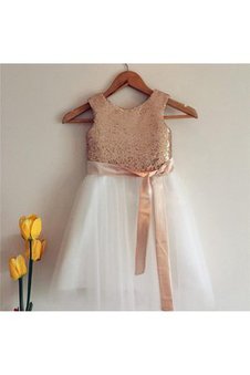 Robe de cortège enfant plissé brillant au niveau de genou ceinture en tulle