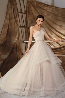 Robe de mariée naturel longue manche nulle d'épaule asymétrique ruché