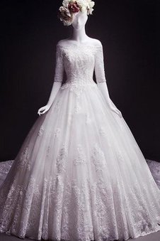 Robe de mariée classique d'epaule ajourée de traîne moyenne cordon col en bateau