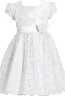 Robe de cortège enfant ligne a avec décoration dentelle avec manche courte avec fleurs