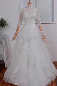 Robe de mariée modeste avec décoration dentelle bretelles spaghetti en organza a-ligne