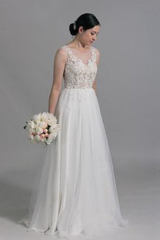 Robe de mariée ligne a jusqu'au sol encolure ronde trou serre avec décoration dentelle