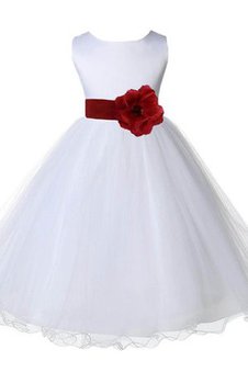 Robe de cortège enfant avec nœud au niveau de genou manche nulle en satin avec fleurs