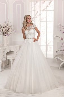 Robe de mariée naturel festonné avec manche courte cordon avec cristal