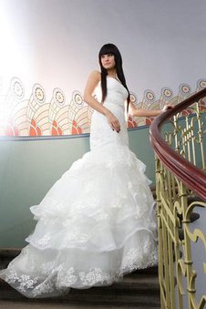 Robe de mariée jusqu'au sol avec décoration dentelle avec gradins de sirène avec zip