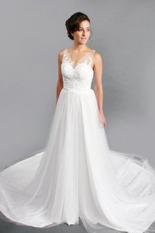 Robe de mariée plissage avec décoration dentelle manche nulle v encolure avec perle