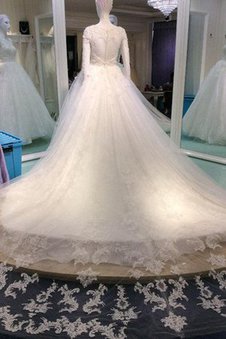 Robe de mariée modeste encolure ronde a-ligne avec perle boutonné