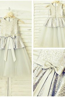 Robe de cortège enfant naturel a-ligne longueur au ras du sol en tulle manche nulle