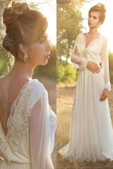 Robe de mariée naturel de princesse de traîne courte avec chiffon v encolure