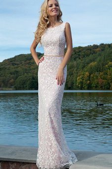 Robe de bal longue avec perle jusqu'au sol en dentelle encolure ronde