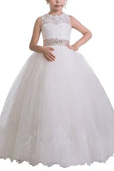 Robe de cortège enfant avec fleurs manche nulle en tulle de mode de bal ceinture