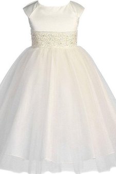 Robe de cortège enfant pailleté avec manche courte en satin ceinture encolure ronde