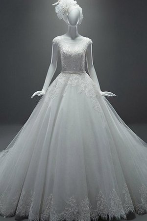 Robe de mariée naturel avec perle a-ligne encolure ronde en tulle