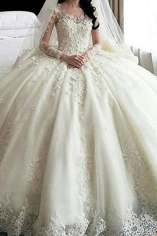 Robe de mariée encolure ronde en tulle merveilleux avec décoration dentelle naturel