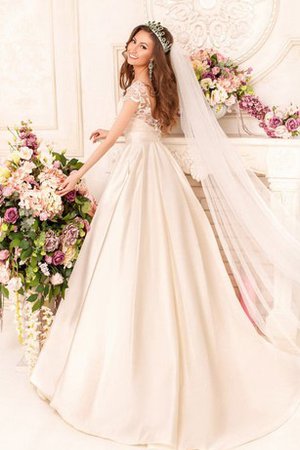 Robe de mariée naturel encolure ronde en satin a-ligne avec manche courte