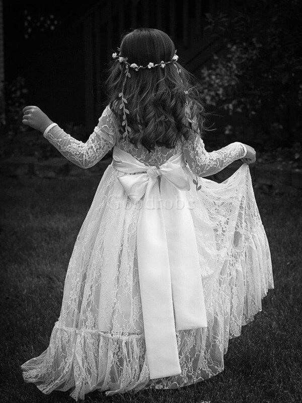 Robe de cortège enfant naturel avec fleurs a-ligne orné de nœud à boucle de princesse