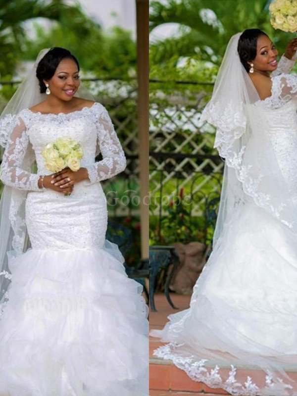 Robe de mariée encolure en carré en organza avec manche longue glamour textile en tulle