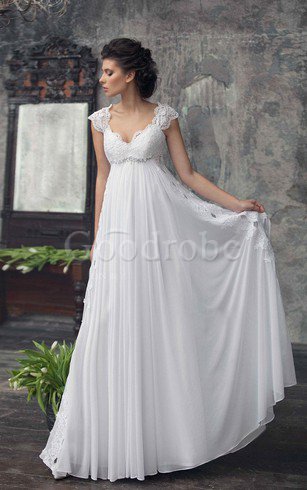 Robe de mariée nature plissé avec manche courte avec perle decoration en fleur