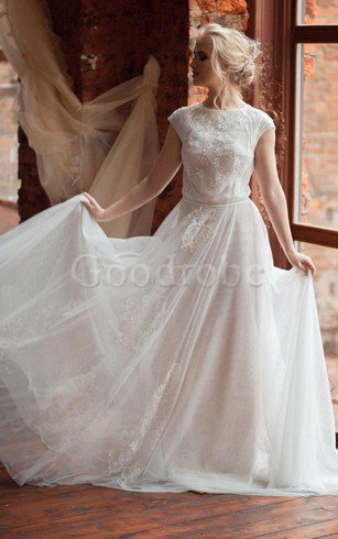 Robe de mariée plissé decoration en fleur col ras du cou a-ligne boutonné
