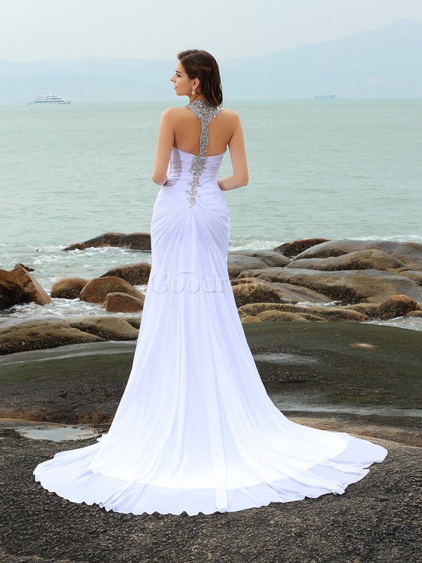 Robe de mariée manche nulle collant au bord de la mer avec chiffon de traîne mi-longue