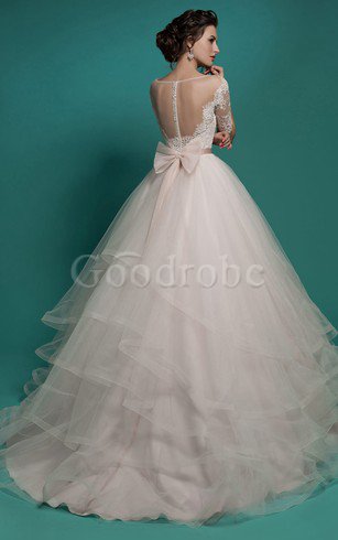 Robe de mariée encolure ronde avec gradins avec nœud textile en tulle en dentelle