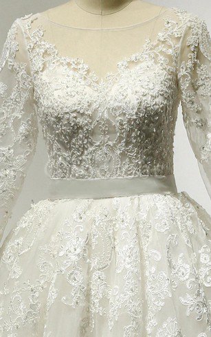 Robe de mariée naturel a-ligne de traîne moyenne avec manche 3/4 textile en tulle