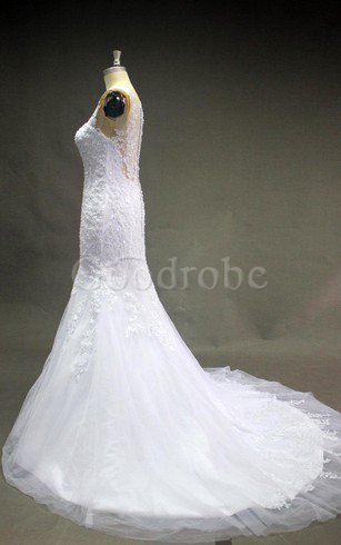 Robe de mariée avec perle avec décoration dentelle manche nulle encolure ronde en tulle