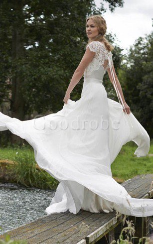 Robe de mariée facile avec manche courte avec chiffon collant longueur au niveau de sol
