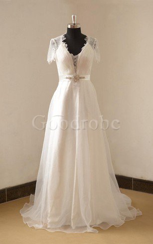Robe de mariée naturel v encolure avec décoration dentelle ligne a avec perle