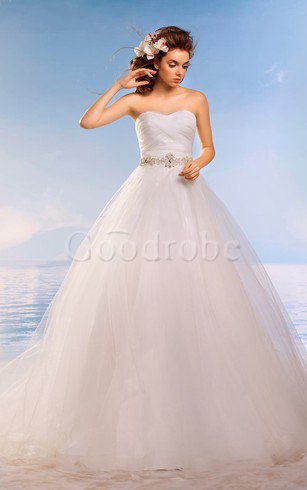 Robe de mariée naturel de traîne moyenne en tulle jusqu'au sol col en forme de cœur