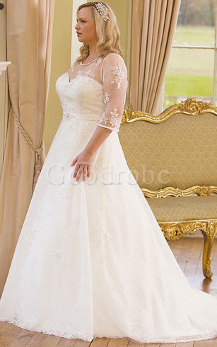 Robe de mariée romantique plissage boutonné en satin en 3/4 manche