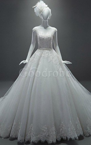 Robe de mariée naturel avec perle a-ligne encolure ronde en tulle