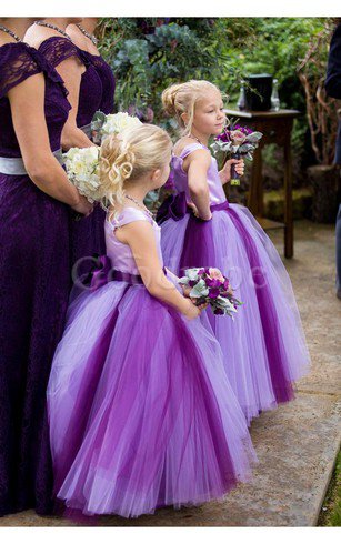 Robe de cortège enfant jusqu'au sol de princesse en tulle avec fleurs avec nœud