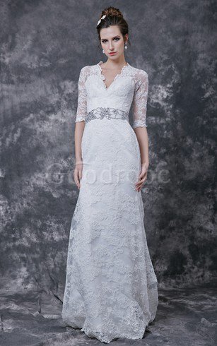 Robe de mariée distinguee collant de col entaillé v encolure avec décoration dentelle