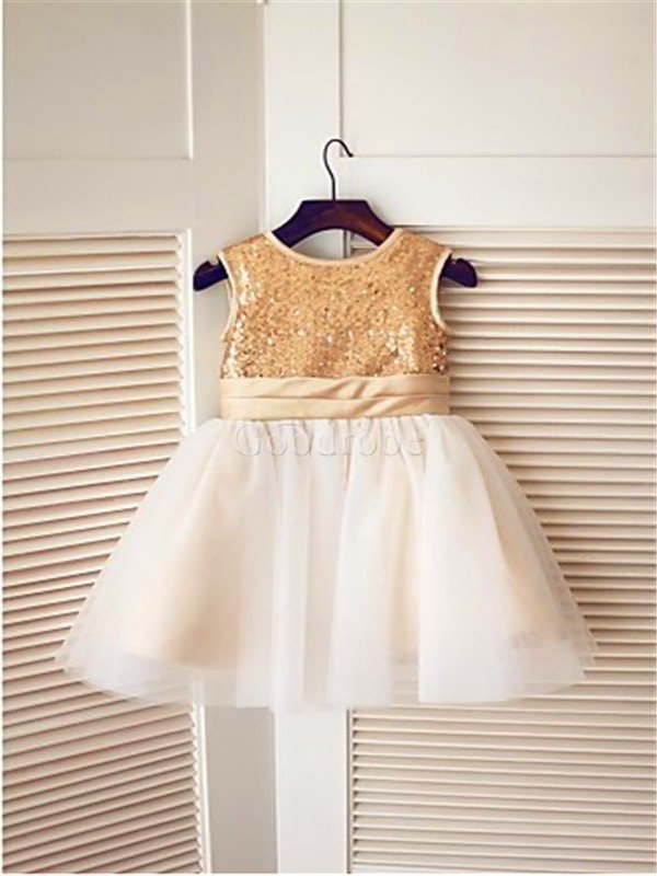 Robe de cortège enfant naturel de princesse en tissu pailleté a-ligne avec fleurs