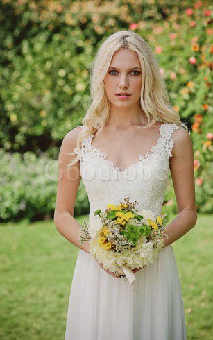 Robe de mariée charmeuse de col en v fermeutre eclair avec fleurs ligne a