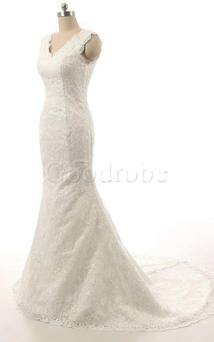 Robe de mariée en satin v encolure en chiffon avec lacets de sirène
