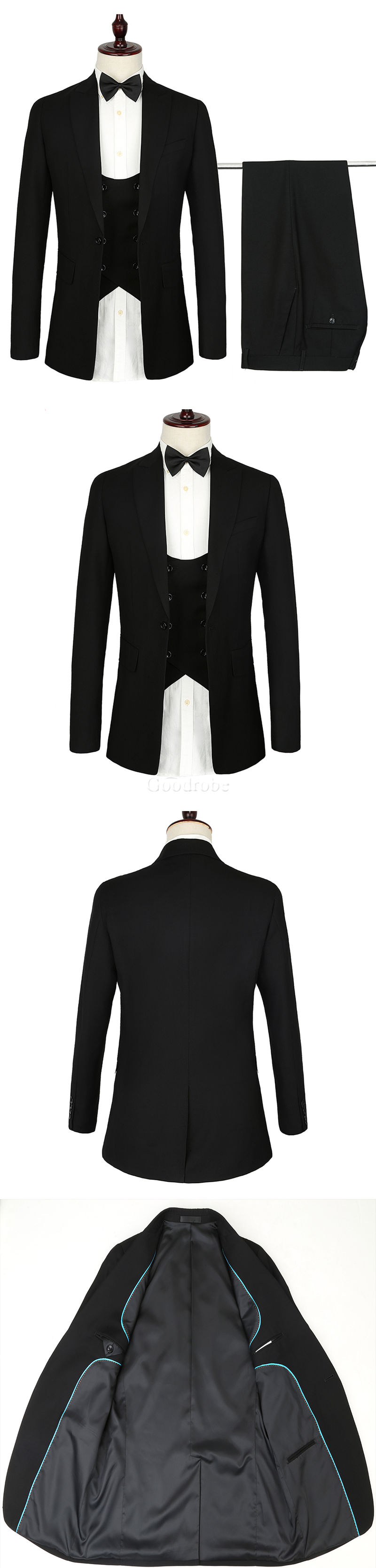 Taille européenne costumes 3 pièce noir design hommes formelle