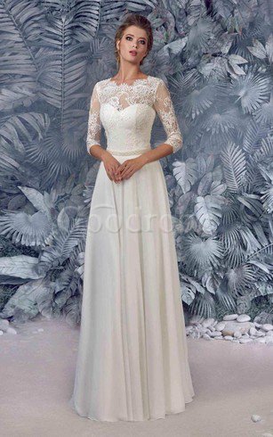 Robe de mariée ligne a avec manche 3/4 avec décoration dentelle avec chiffon avec perle