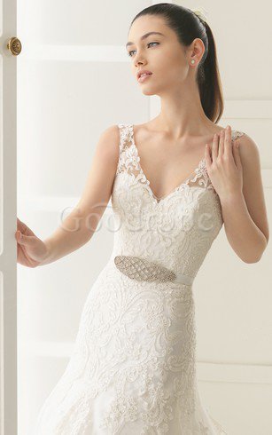 Robe de mariée solennelle ceinture avec perle a eglise de col en v salle interne