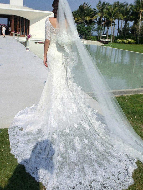 Robe de mariée avec décoration dentelle de sirène avec manche 1/2 merveilleux naturel