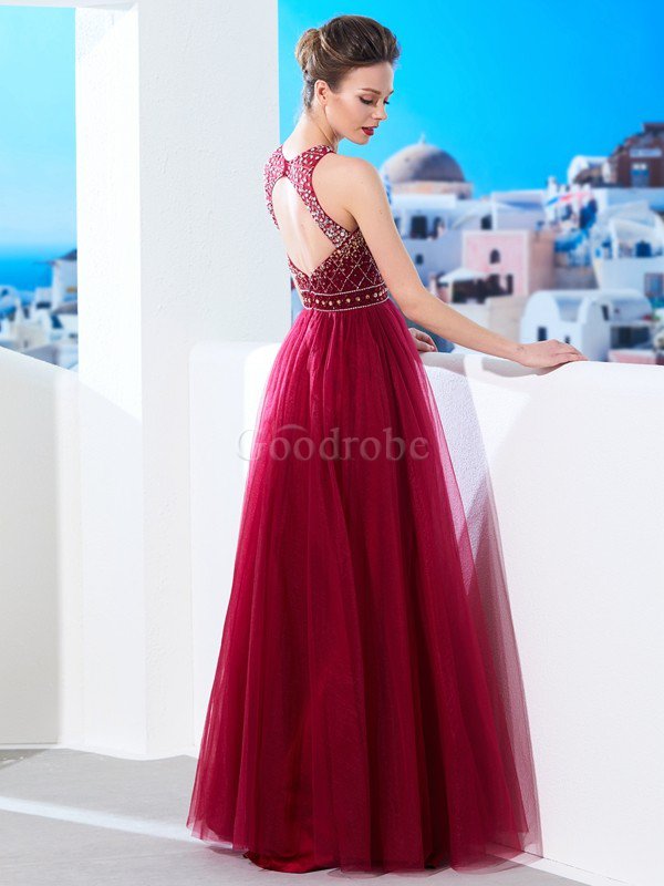 Robe de bal manche nulle avec zip a-ligne encolure ronde de princesse