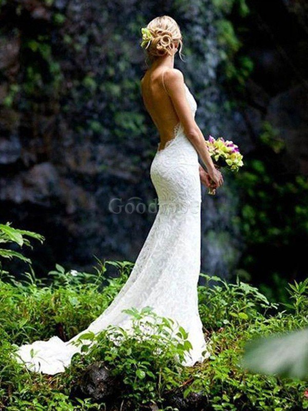 Robe de mariée manche nulle v encolure avec décoration dentelle sucré naturel
