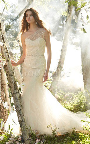 Robe de mariée naturel avec cristal en tulle en satin de sirène