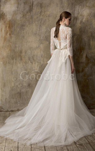 Robe de mariée plissé romantique manche nulle en dentelle textile en tulle