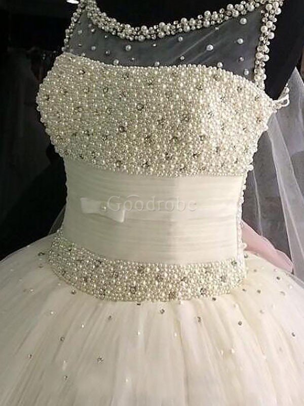 Robe de mariée naturel avec perle en tulle de mode de bal manche nulle