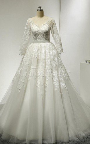 Robe de mariée naturel a-ligne de traîne moyenne avec manche 3/4 textile en tulle