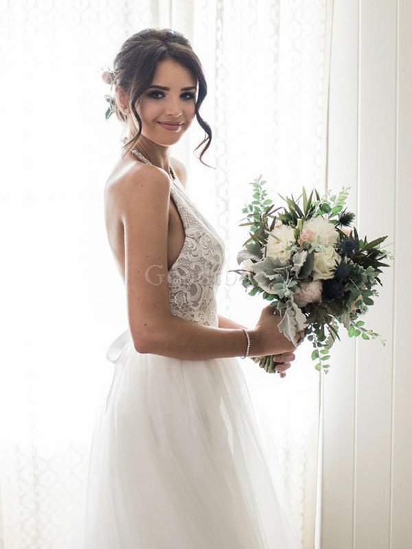 Robe de mariée éblouissant avec sans manches en tulle avec décoration dentelle a-ligne