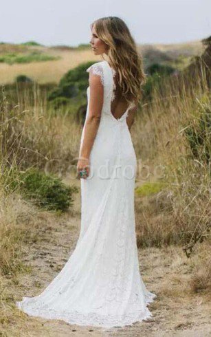 Robe de mariée vintage a plage avec zip de sirène avec manche épeules enveloppants